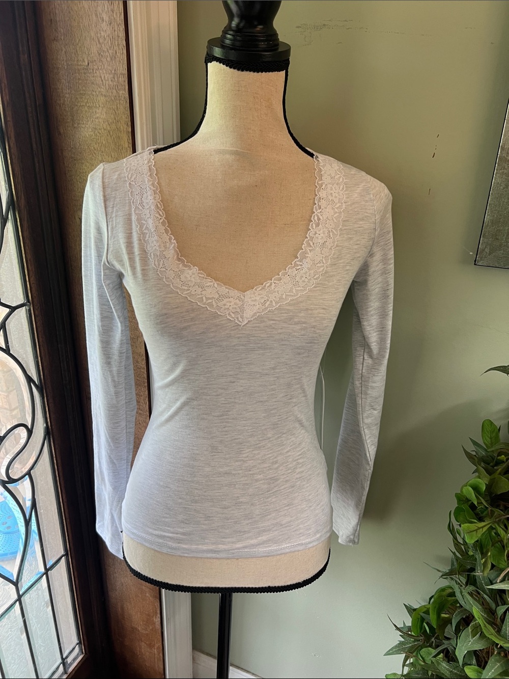 J for Justify White Lace-Trim V-Neck Long Sleeve Top